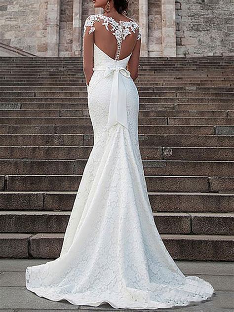 Abito Da Sposa In Pizzo Con Scollo A Illusione Maniche Lunghe Sirena Abiti Da Sposa Con