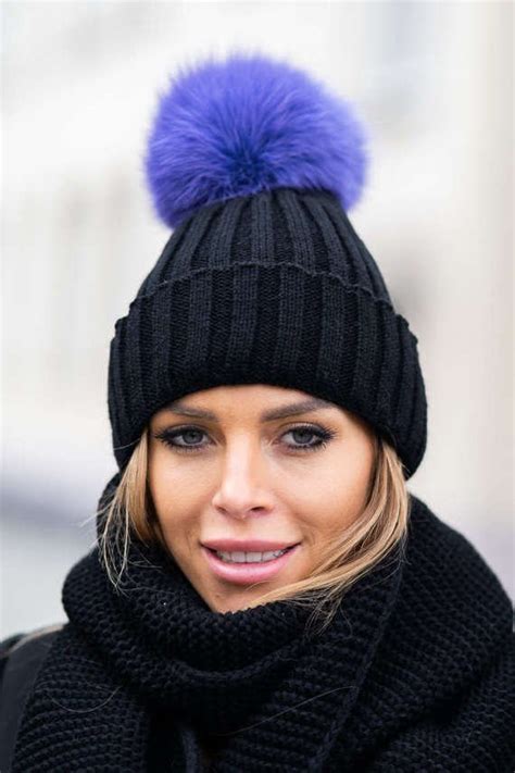 Wool Beanie Hat With Genuine Raccoon Fur Pom Pom Women Hats And