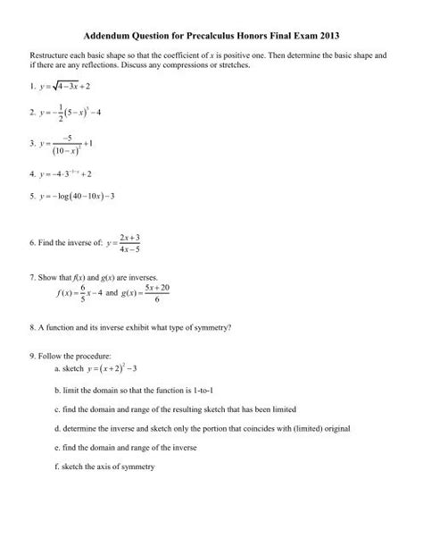 Precalculus Test Worksheet for 10th - 11th Grade | Lesson Planet - Worksheets Library