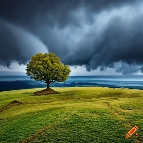 Dramatic Landscape With Stormy Clouds And Lone Tree On Craiyon