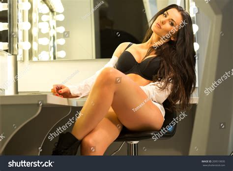 Sexy Brunette Lingerie White Shirt Sitting Stock Photo Shutterstock