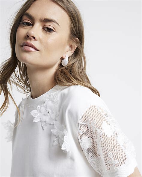 White Flower Lace Sleeve T Shirt Mini Dress River Island