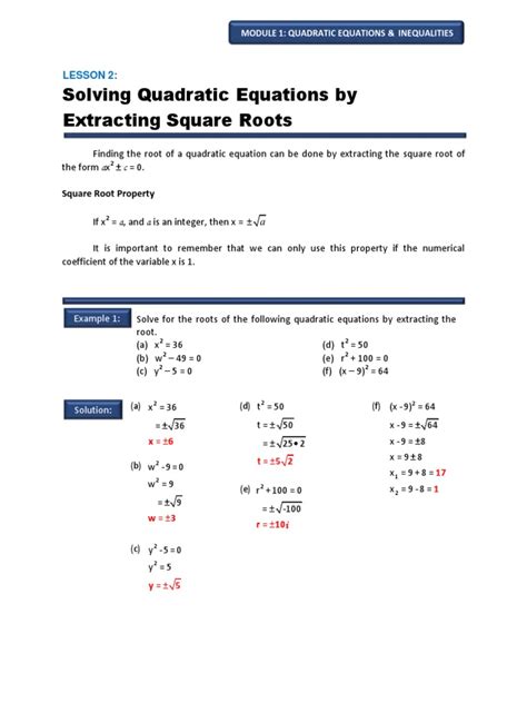 Solving Quadratic Equations By Extracting Square Roots Lesson 2 Pdf