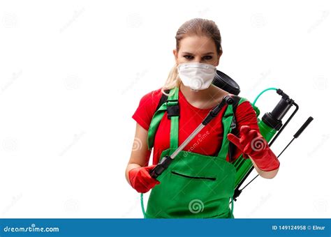 The Female Pest Control Contractor Isolated On White Stock Photo