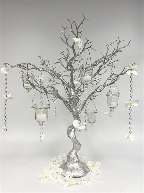 Silver Tree With White Flower Crystal Chains Hanging Votives Chair