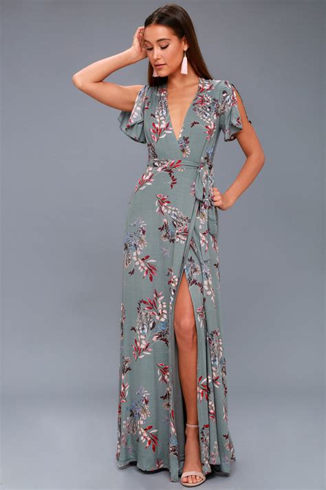 Pretty Slate Blue Floral Print Dress Wrap Maxi Dress Lulus