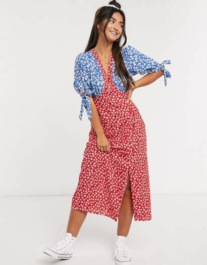 Asos Design Midi Tea Dress With Tie Sleeves And Buttons In Mixed Floral