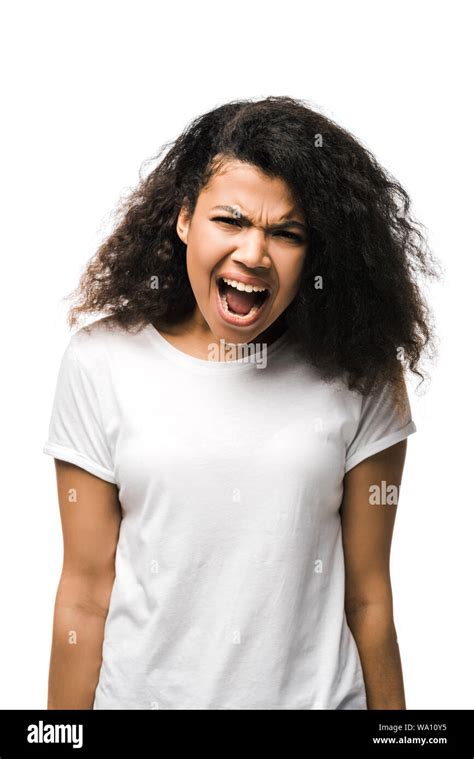 Irritated African American Woman Screaming Isolated On White Stock