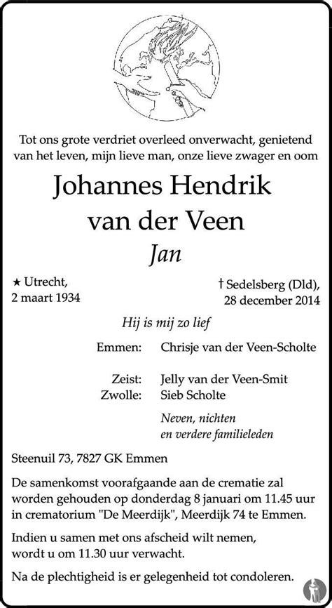 Johannes Hendrik Jan Van Der Veen 28 12 2014 Overlijdensbericht En