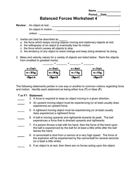 Balanced Forces Worksheet 4