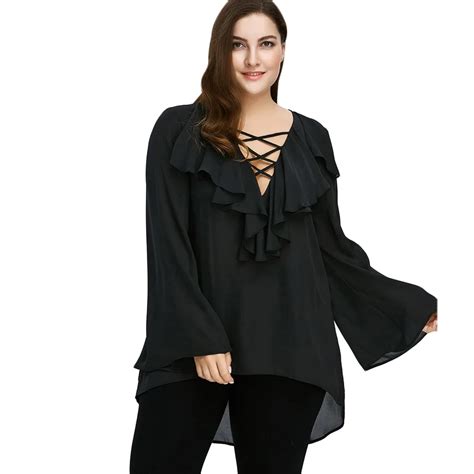 Wipalo Plus Size Ruffle Front Long Flare Sleeve Lattice Cut Blouse