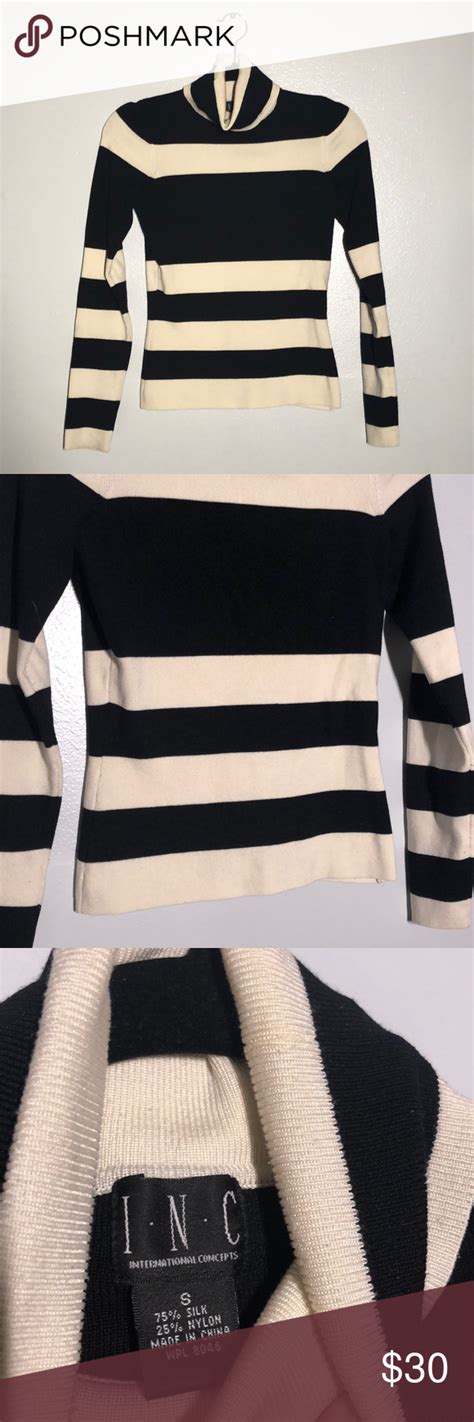 I N C Black And White Striped Turtleneck Sweater Striped Turtleneck