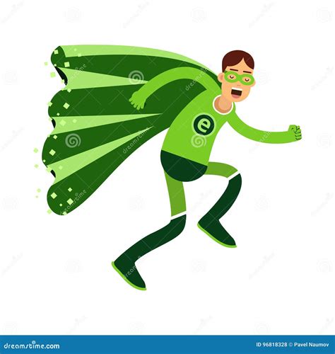 Ecological Superhero Man In Green Costume Running Eco Concept