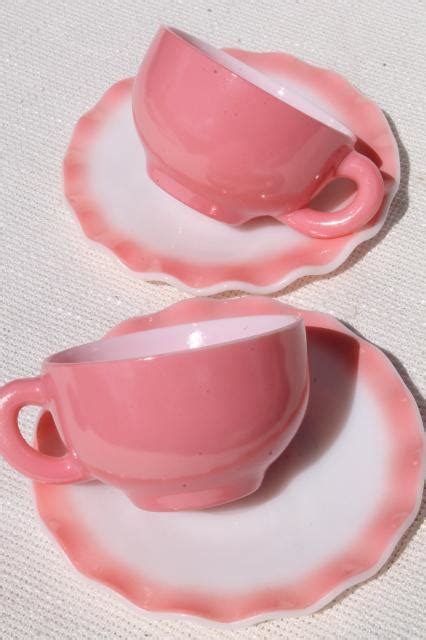 Vintage Hazel Atlas Crinoline Pink Ruffle Ripple Milk Glass Cups Saucers