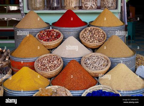 Close Up Of Beautifully Arranged Herbs And Spices In Barrels In The