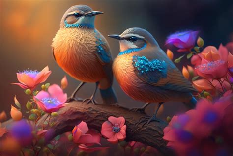 Premium AI Image Two Beautiful Birds Above The Flowers Generative AI