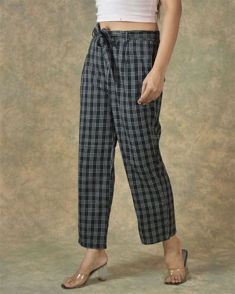 Buy Maroon Black And White Cotton Checks Belt Pant For Best Price