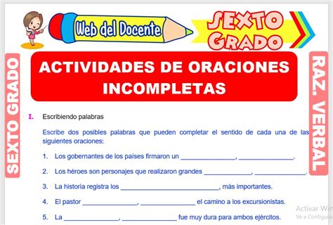 Actividades De Oraciones Incompletas Para Sexto Grado De Primaria