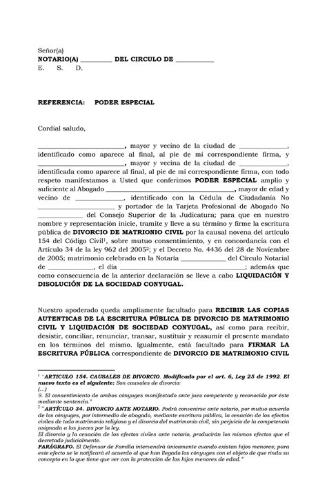 Poder Divorcio Mutuo Acuerdo Señor A Notario A Del