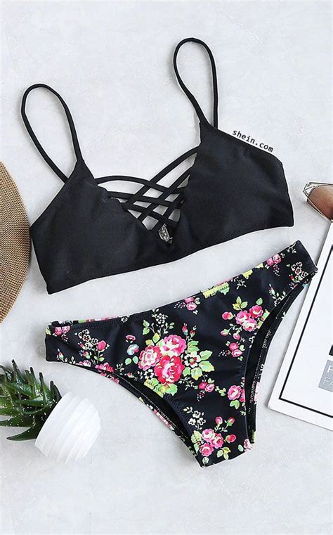 Floral Criss Cross V Neck Bikini Set SheIn Mit Bildern Badeanzug