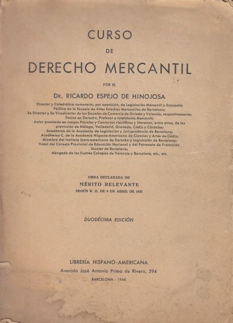 Curso De Derecho Mercantil By Espejo De Hinojosa Ricardo Aceptable