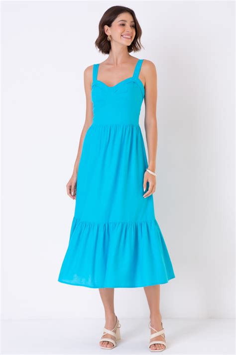 VESTIDO LINHO MISTO PREGAS NO BUSTO AZUL Seiki