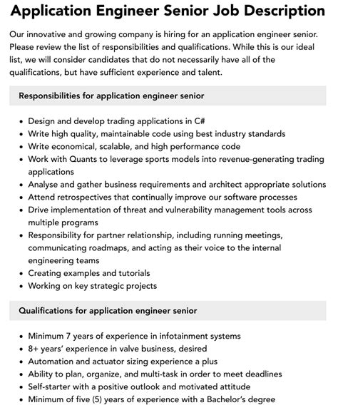 Application Engineer Senior Job Description Velvet Jobs