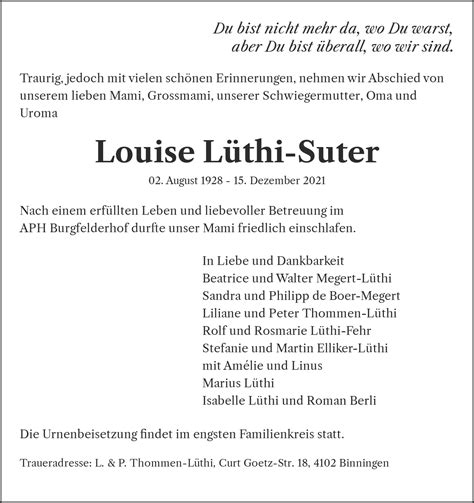 Todesanzeige Louise Lüthi Suter Basel