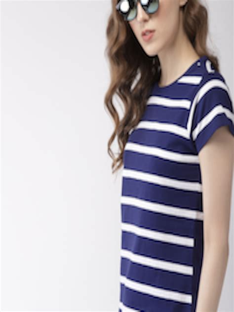 Buy Harvard Women Navy White Striped Round Neck Pure Cotton T Shirt