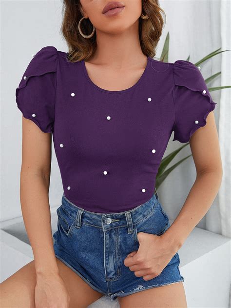 Shein Clasi Pearls Beaded Petal Sleeve Tee Shein Usa