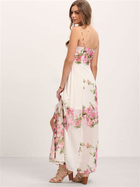 Multicolor Flower Print Bottons Split Maxi Dress Shein Sheinside