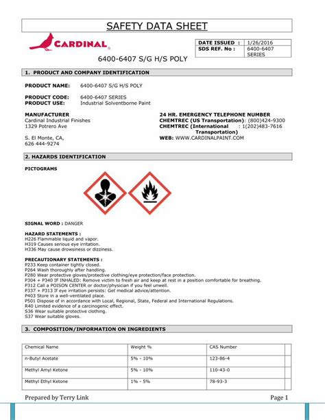 Pdf Safety Data Sheet Cardinal Paint · Safety Data Sheet 6400 6407 S G H S Poly Usa