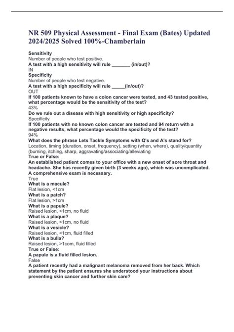 Nr 509 Physical Assessment Final Exam Bates Updated 20242025 Solved 100 Chamberlain Nr