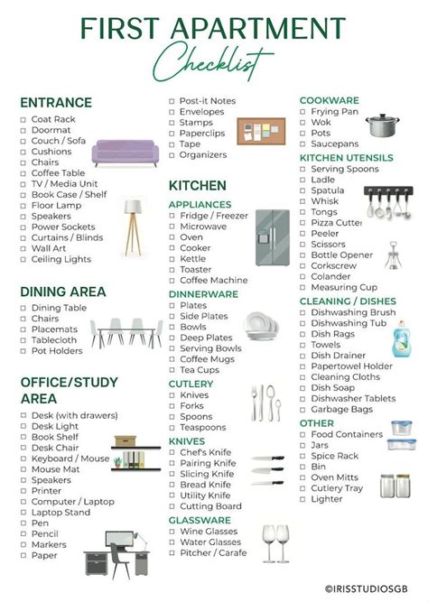 First Apartment Checklist With Illustrations New Home Checklist New