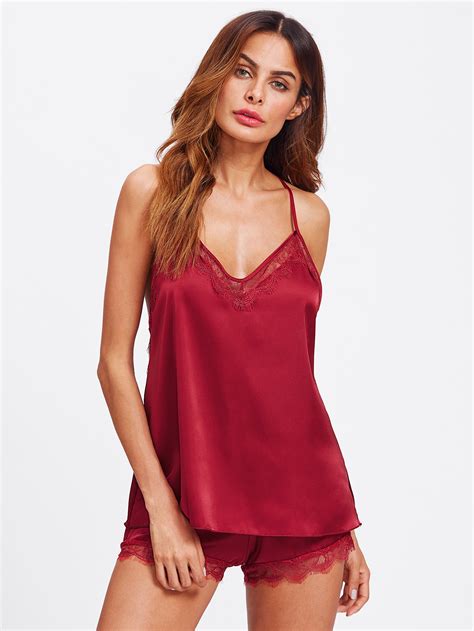 Lace Trim Satin Cami And Shorts Pajama Set SheIn Sheinside