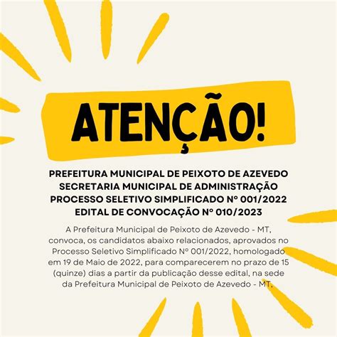 A Prefeitura Municipal De Peixoto De Azevedo Mt Convoca Os