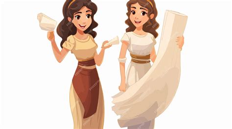 Two Ancient Greek Women In Tunic Standing And Holding Premium Ai Generated Vector