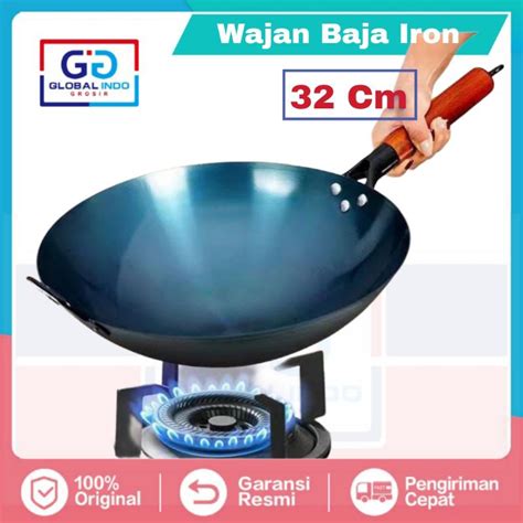 Jual Wajan Baja Iron Tebal Anti Lengket Wok Kuali Iron Pegangan Kayu 32