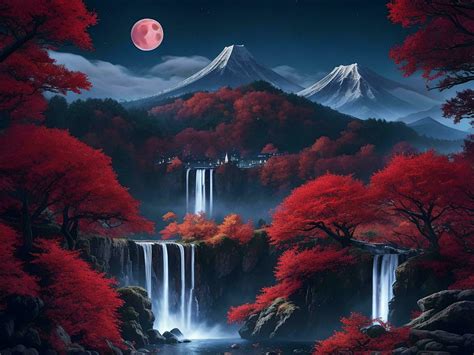 Hd Waterfall Wallpapers, mountain, big moon,some magical tree 26556037 Stock Photo at Vecteezy