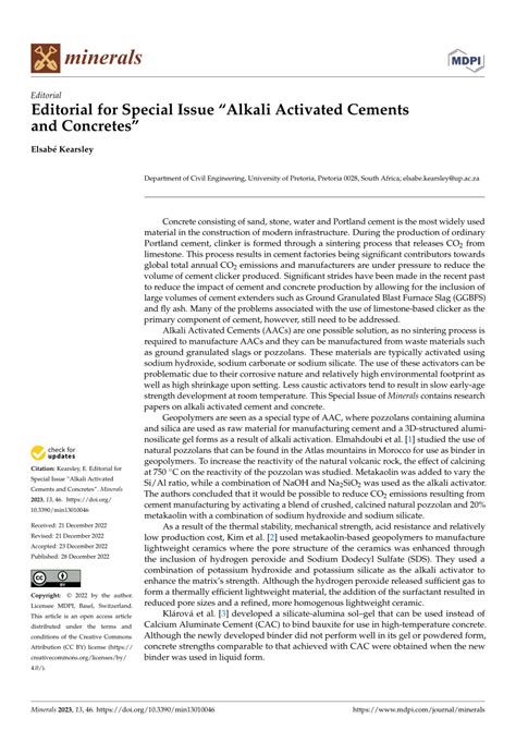 Pdf Editorial For Special Issue Alkali Activated Cements And Concretes