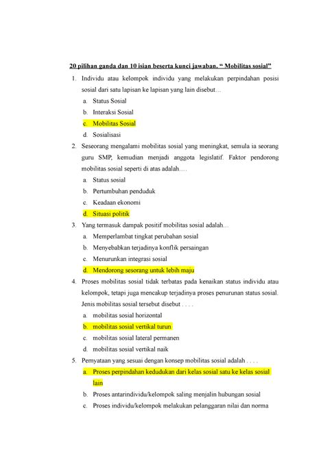 Soal Mobilitas Sosial Soal 20 Pilihan Ganda Dan 10 Isian Beserta