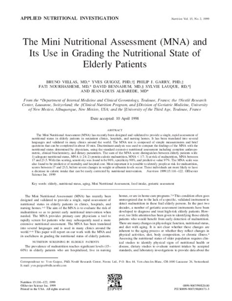 Pdf The Mini Nutritional Assessment Mna And Its Use In Grading The