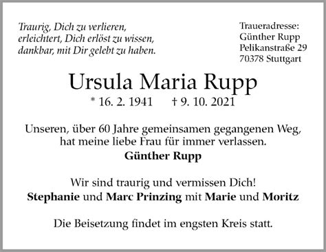 Traueranzeigen Von Ursula Maria Rupp Stuttgart Gedenkt De