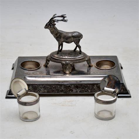 Antique Silver Plate Stag Inkwell Stand By James Deakin Marylebone