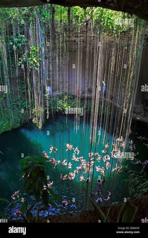 Tourists swimming in sacred Ik Kil Cenote near Piste, Yucatan, Yucatan ...