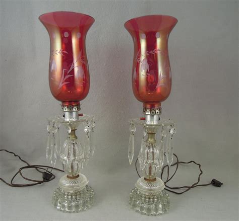 Victorian Lamp Cranberry Crystal Etched Globe Hanging Prisms 17