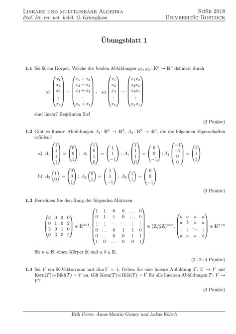 Lineare Algebra Übungsblatt 1 SoSe 2018 Rostock Lineare und