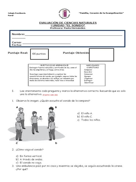 Prueba De Ciencias Naturales I Unidad Tercero El Sonido 2017 Sonido Olas