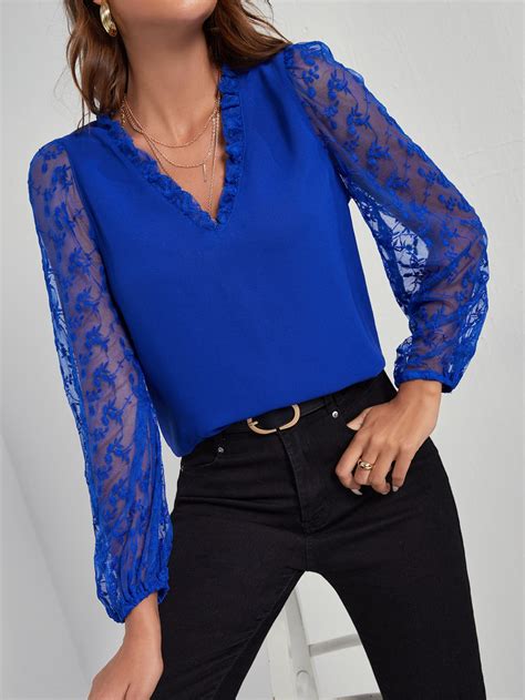 Shein Frenchy Floral Embroidery Mesh Lantern Sleeve Blouse Shein Uk