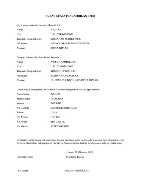 surat kuasa pengambilan bpkb motor
